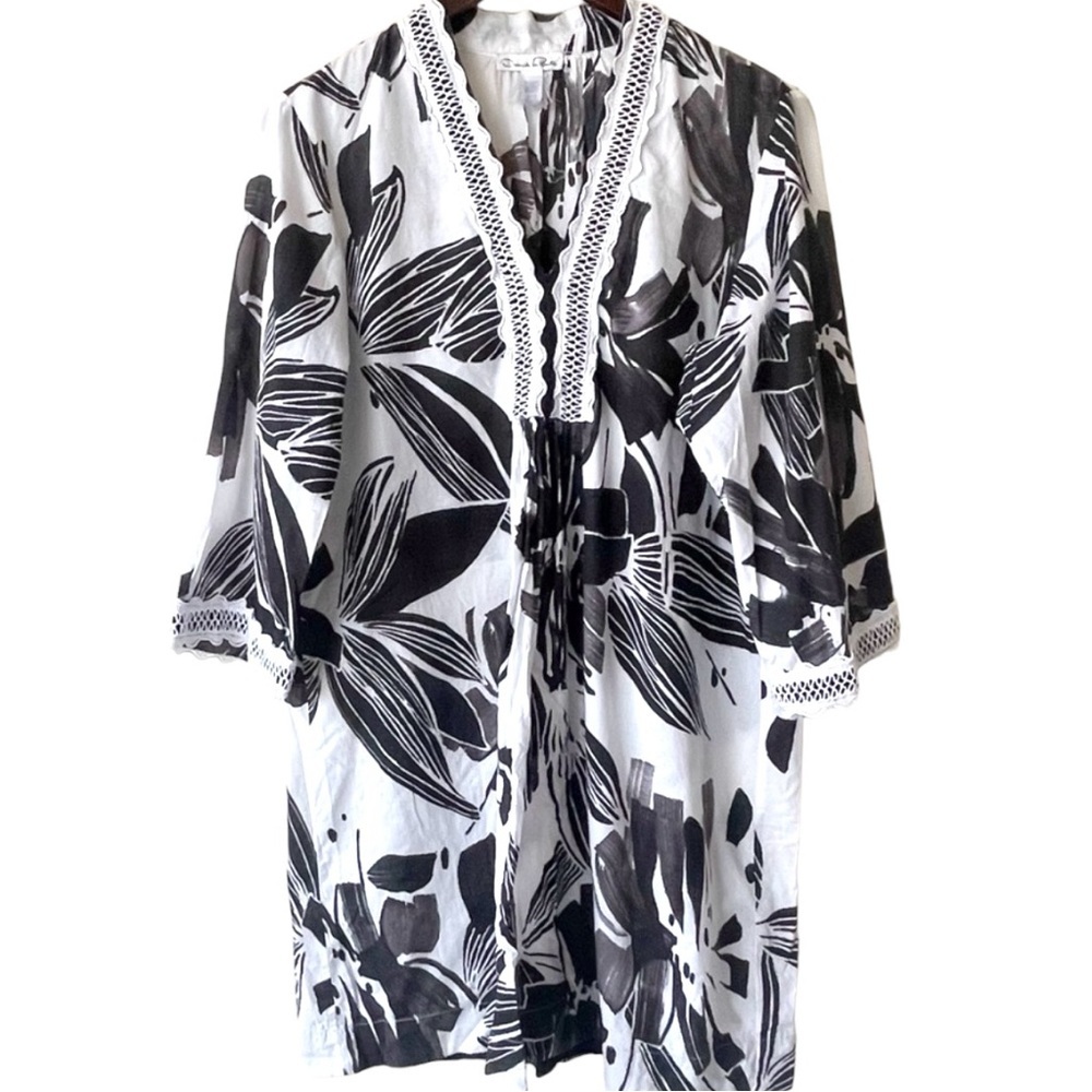 Oscar de la Renta Black & White Floral Cotton Tunic Sz (Fits like L)